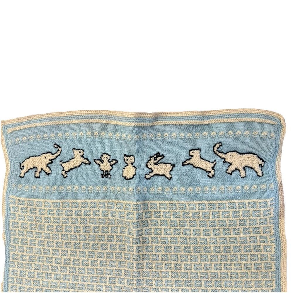 Vtg Crocheted Baby Afghan Blanket Blue Cream Bunny Elephant Animal Nursery Decor
